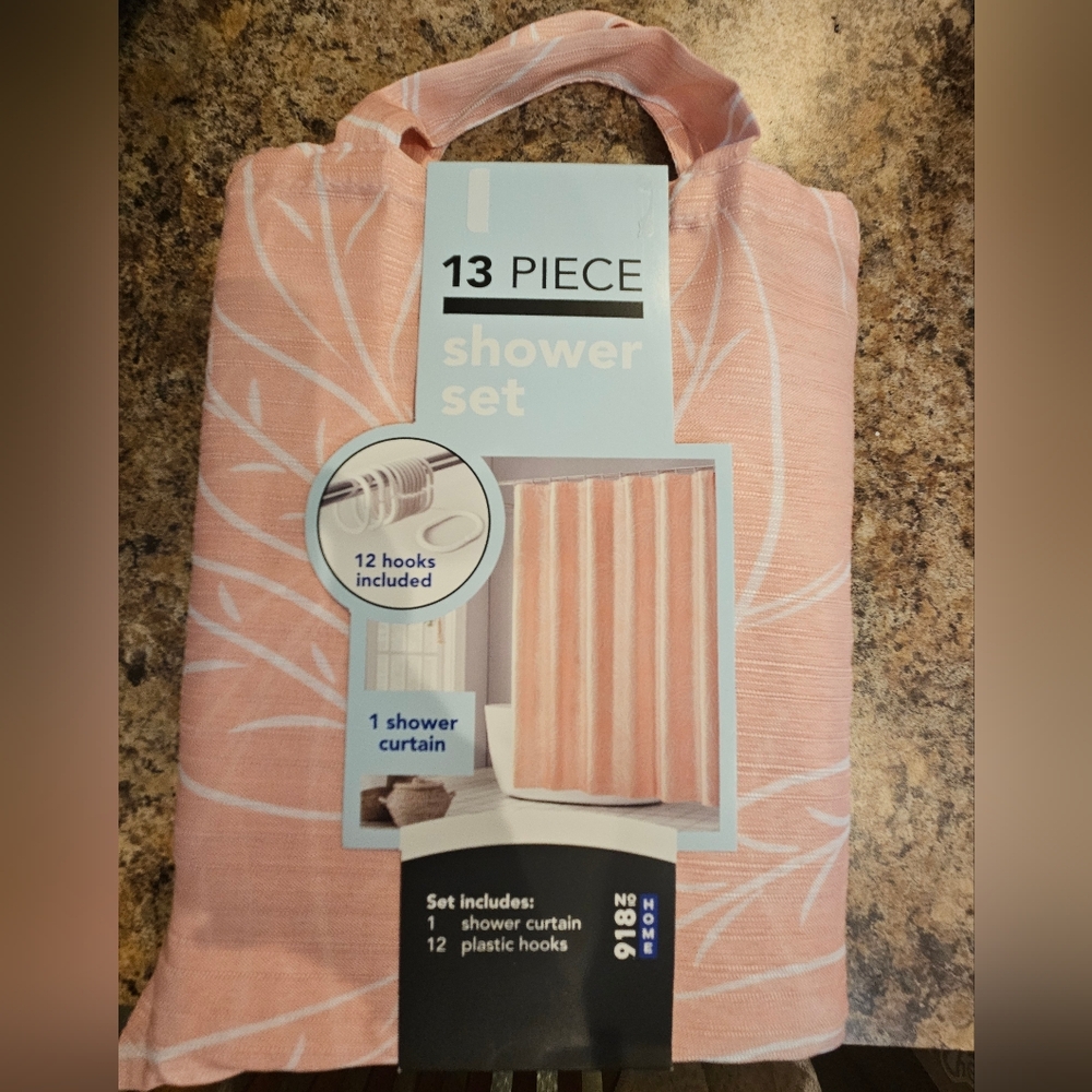 Coral Peach Colored Leaves Shower Curtain Set With Hooks